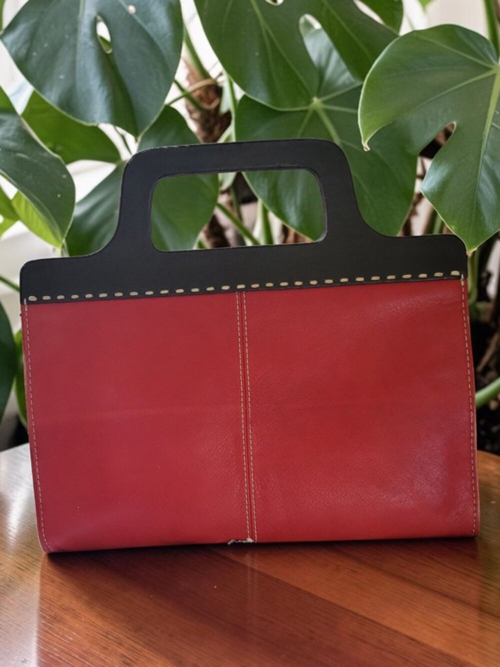 LOFT Red Leather Structured Top Handle Clutch Bag Cutout Frame Statement Piece